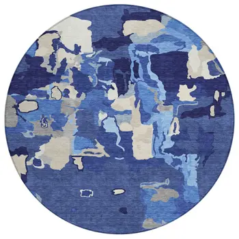 8' Navy Blue Ivory And Gray Round Abstract Washable Indoor Outdoor Area Rug