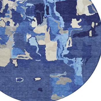 8' Navy Blue Ivory And Gray Round Abstract Washable Indoor Outdoor Area Rug