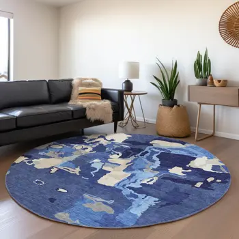 8' Navy Blue Ivory And Gray Round Abstract Washable Indoor Outdoor Area Rug