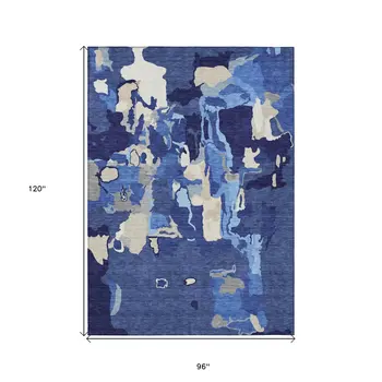 8' X 10' Navy Blue Ivory And Gray Abstract Washable Indoor Outdoor Area Rug