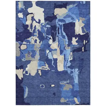 8' X 10' Navy Blue Ivory And Gray Abstract Washable Indoor Outdoor Area Rug
