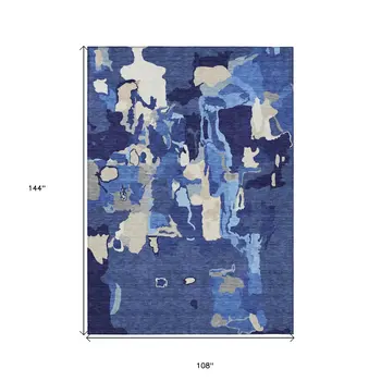 9' X 12' Navy Blue Ivory And Gray Abstract Washable Indoor Outdoor Area Rug