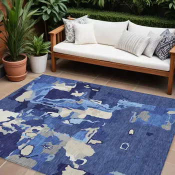 9' X 12' Navy Blue Ivory And Gray Abstract Washable Indoor Outdoor Area Rug