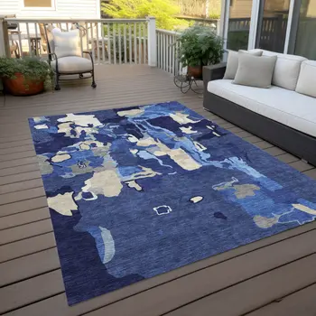 10' X 14' Navy Blue Ivory And Gray Abstract Washable Indoor Outdoor Area Rug