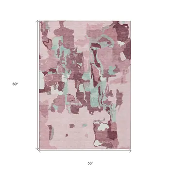 3' X 5' Pink And Gray Abstract Washable Indoor Outdoor Area Rug