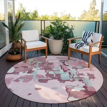 8' Pink And Gray Round Abstract Washable Indoor Outdoor Area Rug