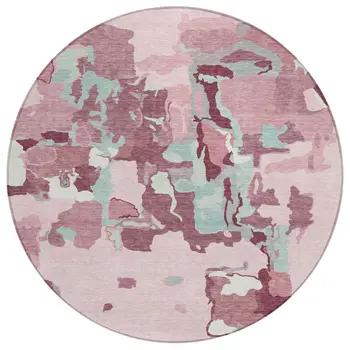 8' Pink And Gray Round Abstract Washable Indoor Outdoor Area Rug