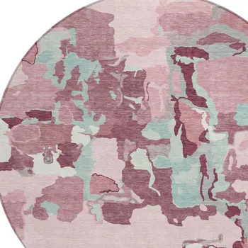 8' Pink And Gray Round Abstract Washable Indoor Outdoor Area Rug
