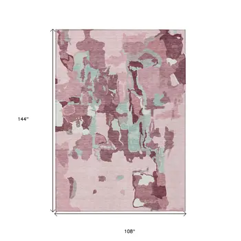 9' X 12' Pink And Gray Abstract Washable Indoor Outdoor Area Rug