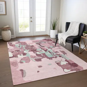 10' X 14' Pink And Gray Abstract Washable Indoor Outdoor Area Rug
