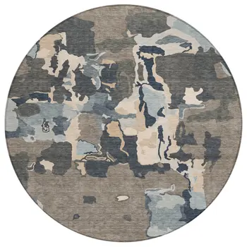 8' Taupe Gray And Beige Round Abstract Washable Indoor Outdoor Area Rug