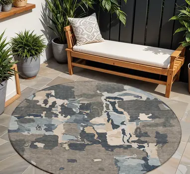8' Taupe Gray And Beige Round Abstract Washable Indoor Outdoor Area Rug