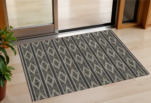 3' X 5' Black And Beige Geometric Washable Indoor Outdoor Area Rug
