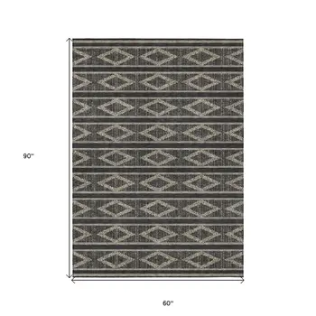 5' X 8' Black And Beige Geometric Washable Indoor Outdoor Area Rug