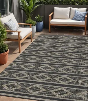 5' X 8' Black And Beige Geometric Washable Indoor Outdoor Area Rug