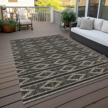 5' X 8' Black And Beige Geometric Washable Indoor Outdoor Area Rug