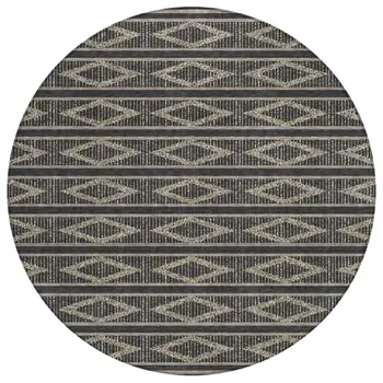 8' Black And Beige Round Geometric Washable Indoor Outdoor Area Rug