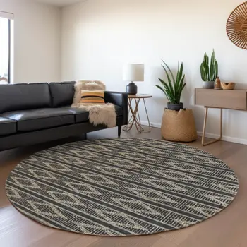 8' Black And Beige Round Geometric Washable Indoor Outdoor Area Rug