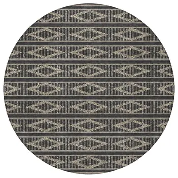 8' Black And Beige Round Geometric Washable Indoor Outdoor Area Rug