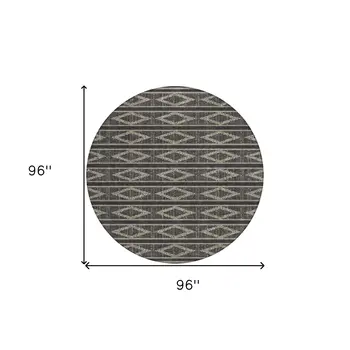 8' Black And Beige Round Geometric Washable Indoor Outdoor Area Rug