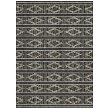 9' X 12' Black And Beige Geometric Washable Indoor Outdoor Area Rug