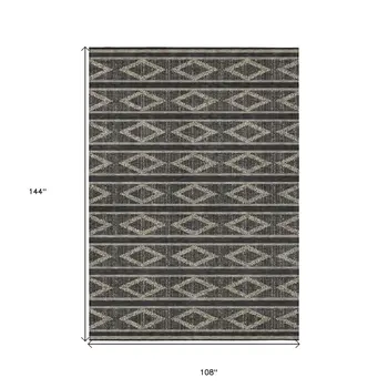 9' X 12' Black And Beige Geometric Washable Indoor Outdoor Area Rug