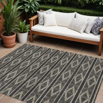 9' X 12' Black And Beige Geometric Washable Indoor Outdoor Area Rug