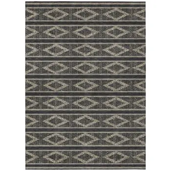 9' X 12' Black And Beige Geometric Washable Indoor Outdoor Area Rug