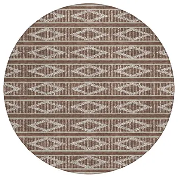 8' Brown And Beige Round Geometric Washable Indoor Outdoor Area Rug
