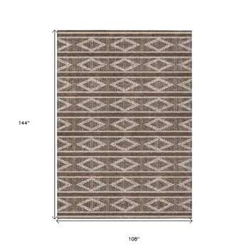 9' X 12' Brown And Beige Geometric Washable Indoor Outdoor Area Rug