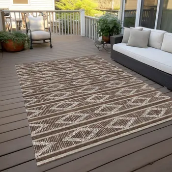9' X 12' Brown And Beige Geometric Washable Indoor Outdoor Area Rug