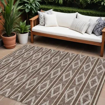 10' X 14' Brown And Beige Geometric Washable Indoor Outdoor Area Rug