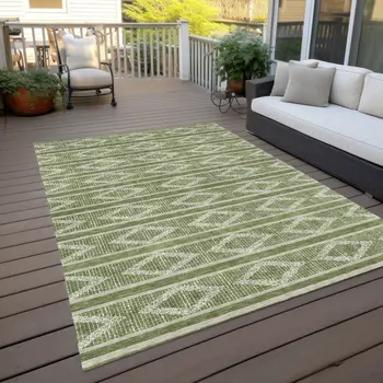3' X 5' Green And Ivory Geometric Washable Indoor Outdoor Area Rug