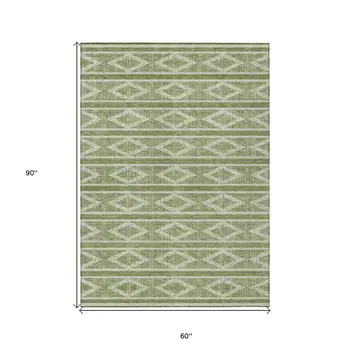 5' X 8' Green And Ivory Geometric Washable Indoor Outdoor Area Rug