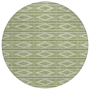8' Green And Ivory Round Geometric Washable Indoor Outdoor Area Rug