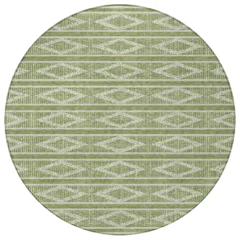 8' Green And Ivory Round Geometric Washable Indoor Outdoor Area Rug