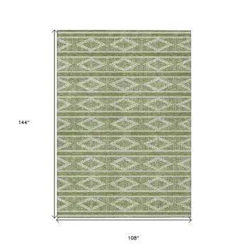 9' X 12' Green And Ivory Geometric Washable Indoor Outdoor Area Rug