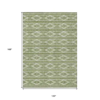 10' X 14' Green And Ivory Geometric Washable Indoor Outdoor Area Rug