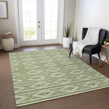 10' X 14' Green And Ivory Geometric Washable Indoor Outdoor Area Rug