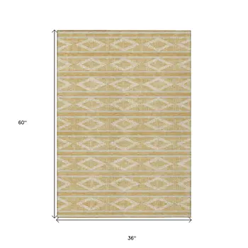 3' X 5' Gold And Ivory Geometric Washable Indoor Outdoor Area Rug