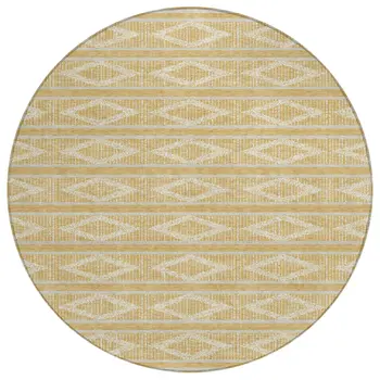 8' Gold And Ivory Round Geometric Washable Indoor Outdoor Area Rug