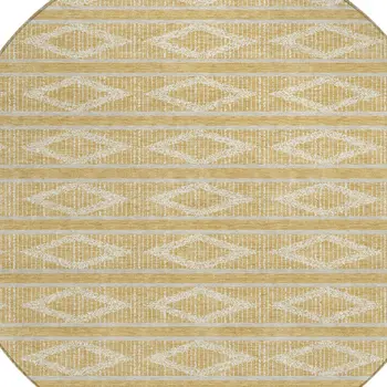 8' Gold And Ivory Round Geometric Washable Indoor Outdoor Area Rug