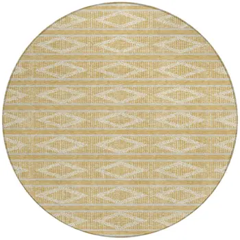 8' Gold And Ivory Round Geometric Washable Indoor Outdoor Area Rug