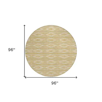 8' Gold And Ivory Round Geometric Washable Indoor Outdoor Area Rug