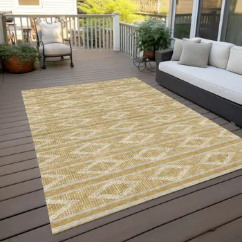 9' X 12' Gold And Ivory Geometric Washable Indoor Outdoor Area Rug