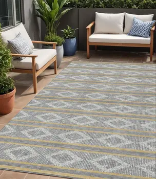 5' X 8' Gray Ivory And Brown Geometric Washable Indoor Outdoor Area Rug