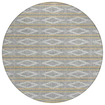 8' Gray Ivory And Brown Round Geometric Washable Indoor Outdoor Area Rug