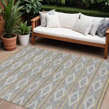8' X 10' Gray Ivory And Brown Geometric Washable Indoor Outdoor Area Rug