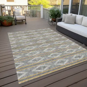 10' X 14' Gray Ivory And Brown Geometric Washable Indoor Outdoor Area Rug