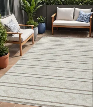 5' X 8' Ivory And Brown Geometric Washable Indoor Outdoor Area Rug